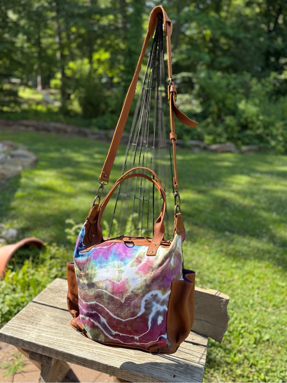Canvas Tie-Dye Tote/convertible day bag with Brown Leather Trim